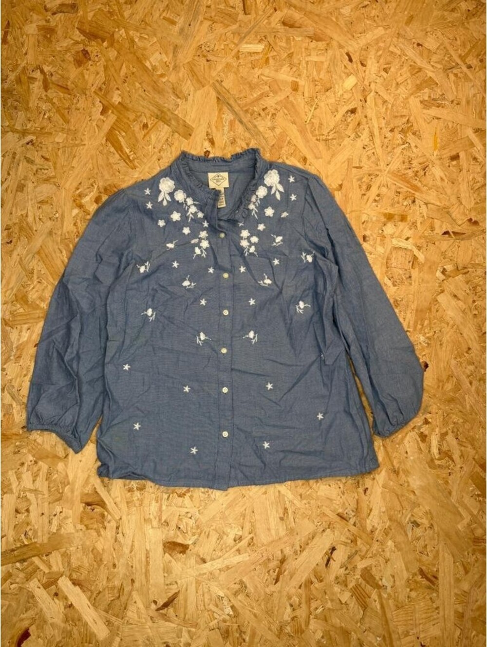 St Johns Bay Embroidered Chambray Blouse Womens XS Blue Cotton Ruffle Neck Top
